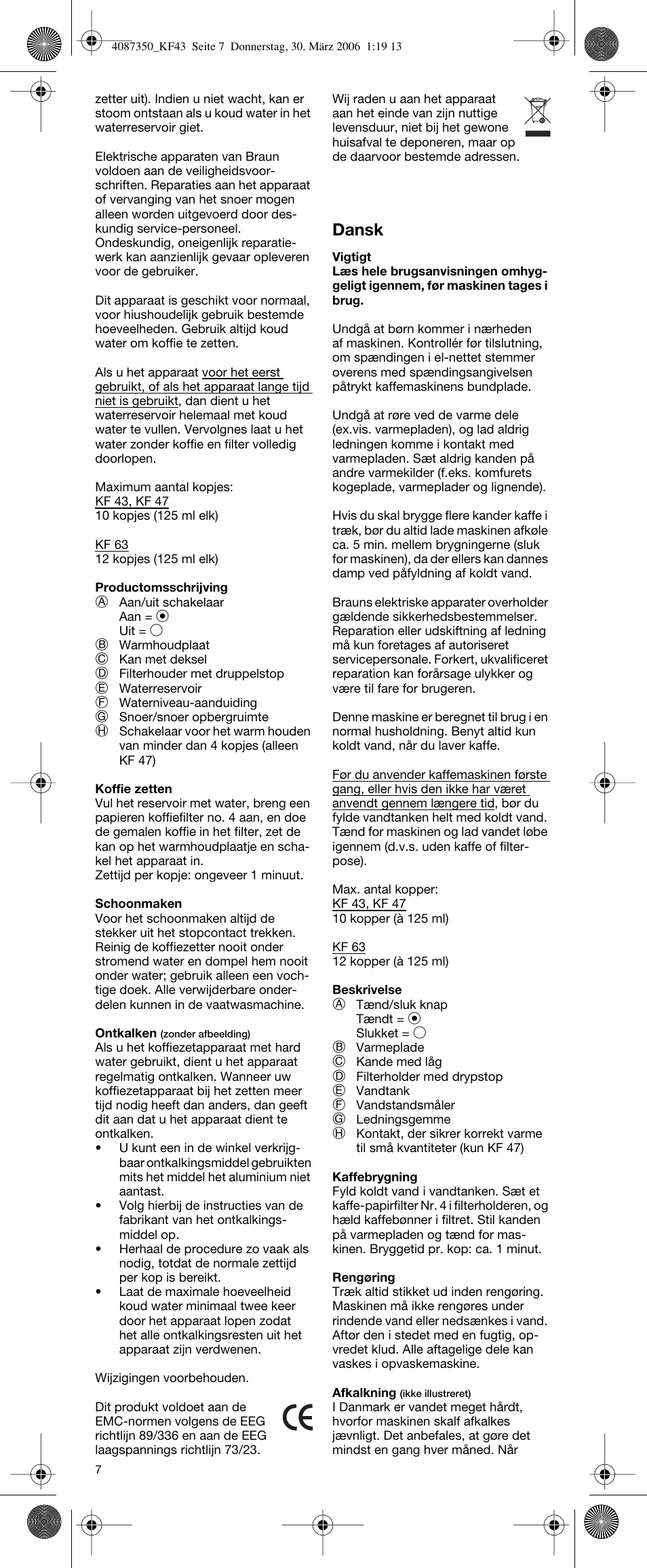 Dansk | Braun KF 63 User Manual | Page 7 / 15