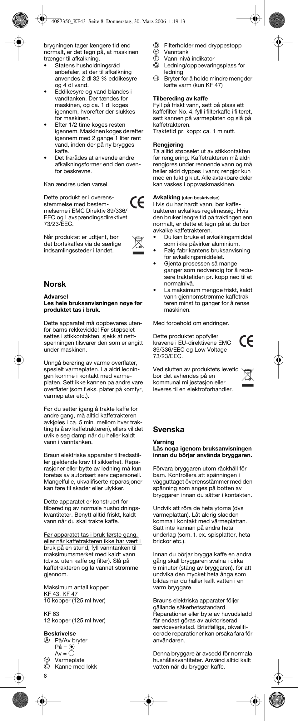 Norsk, Svenska | Braun KF 63 User Manual | Page 8 / 15