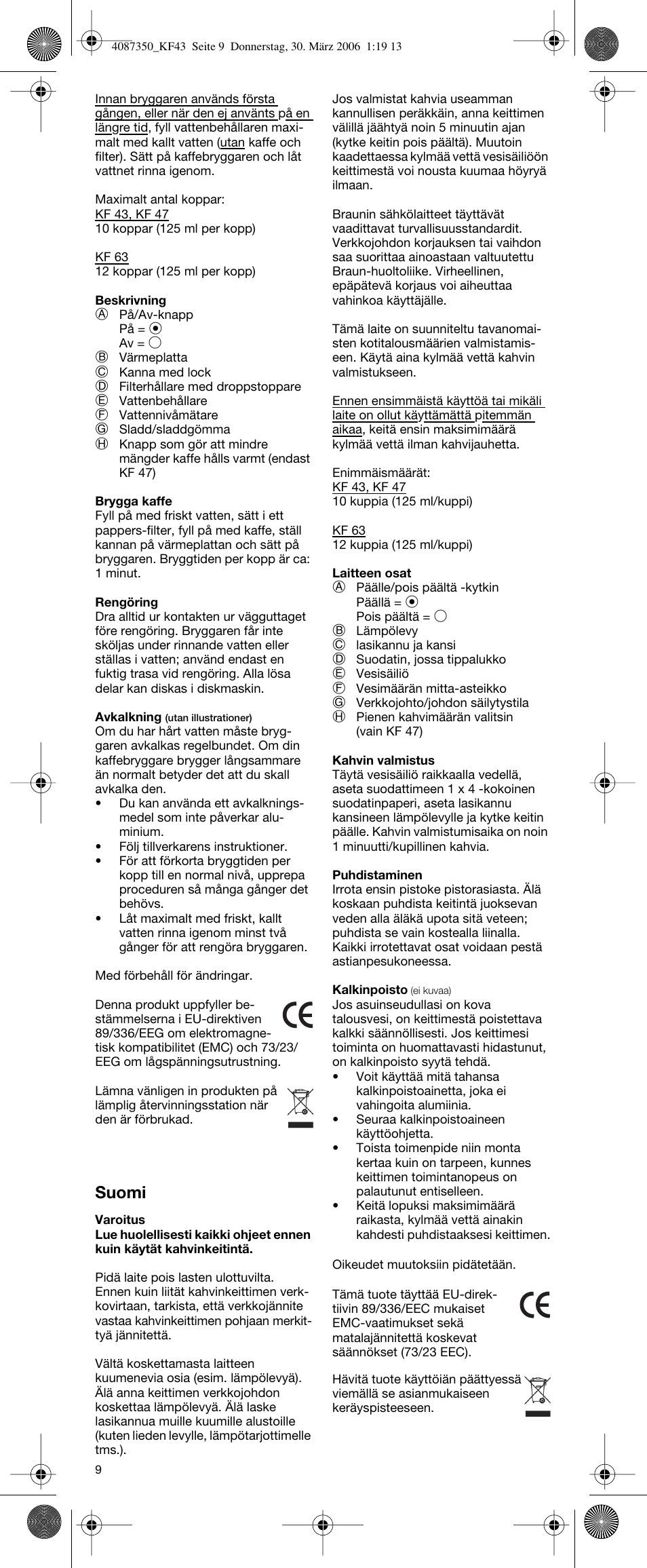 Suomi | Braun KF 63 User Manual | Page 9 / 15