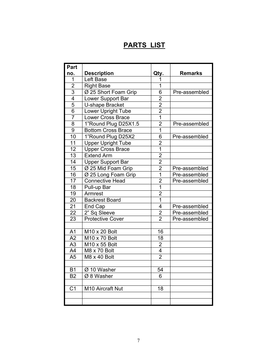 Parts list | Keys Fitness Strength Trainer ST-PT User Manual | Page 7 / 8