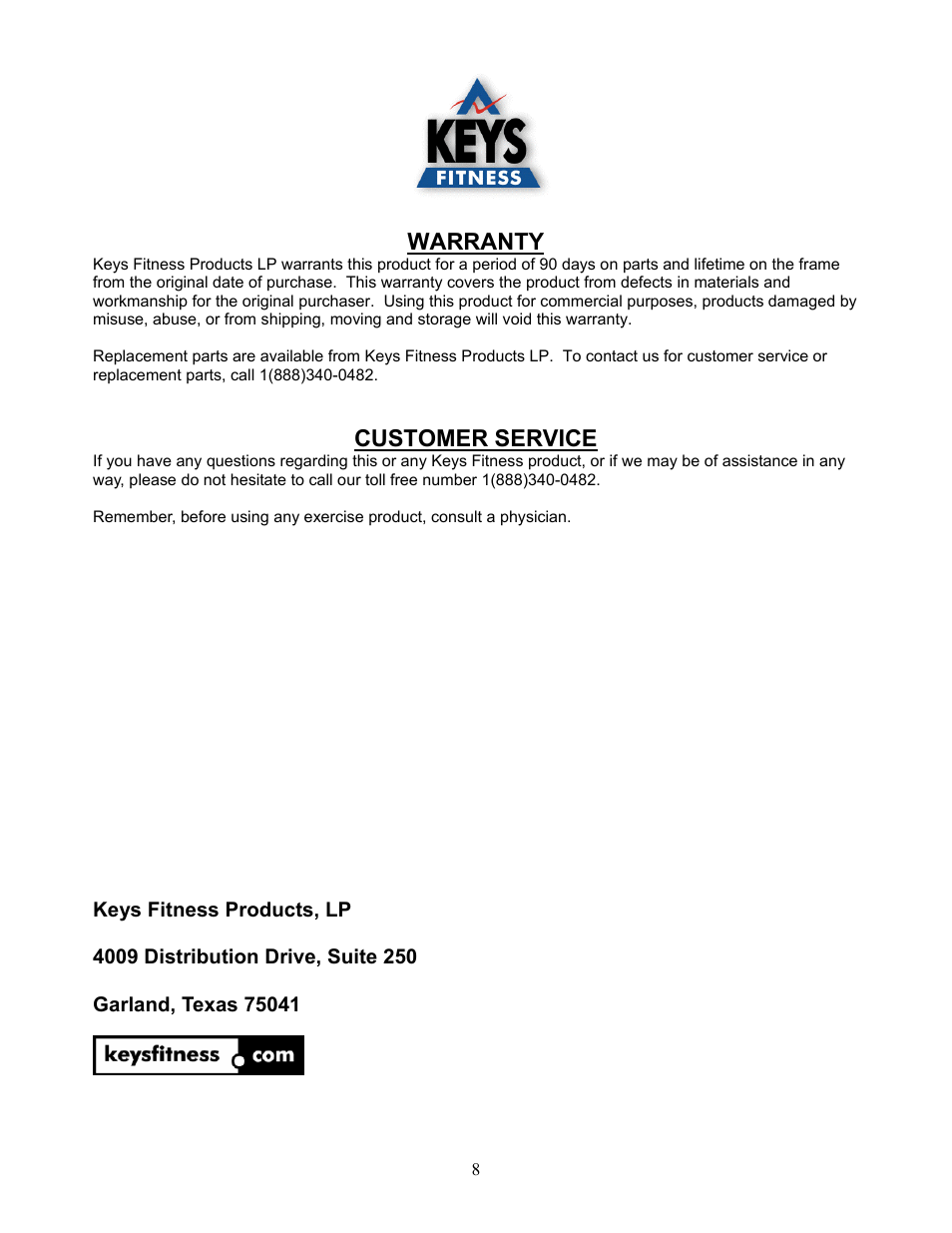 Warranty, Customer service | Keys Fitness Strength Trainer ST-PT User Manual | Page 8 / 8