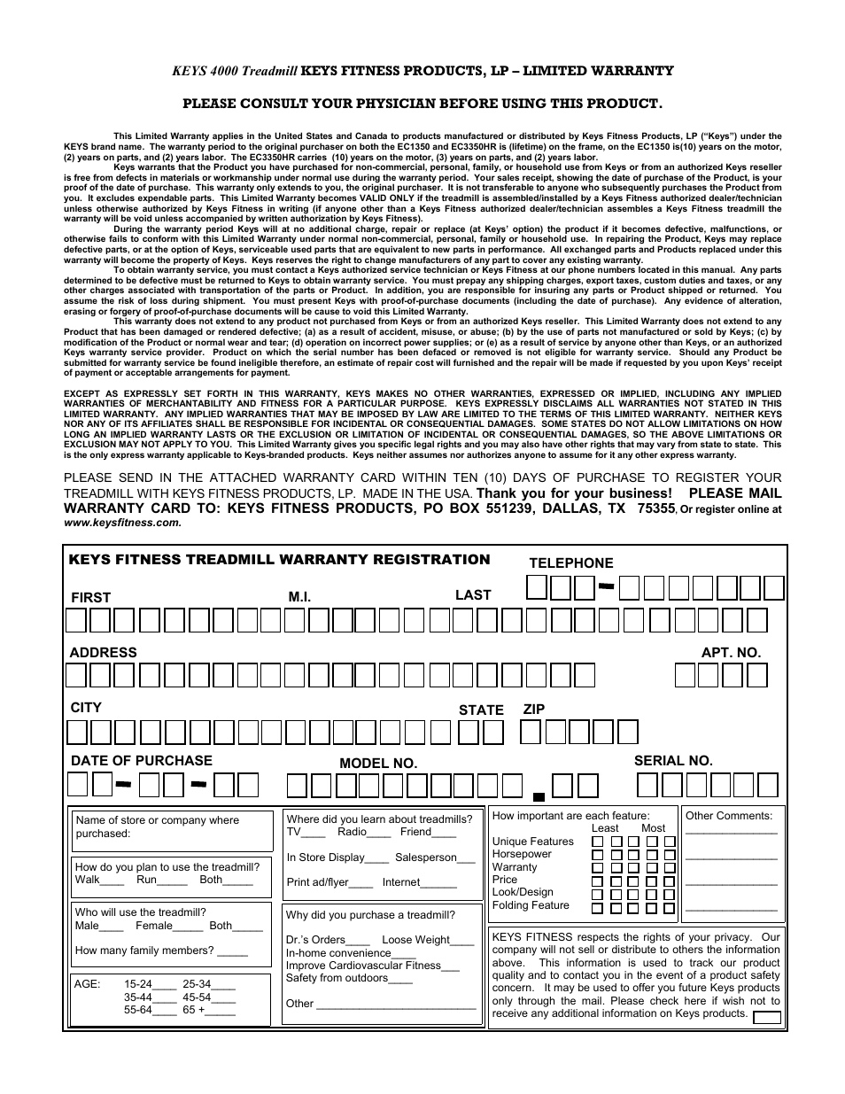 Keys Fitness 3350HR User Manual | Page 20 / 20