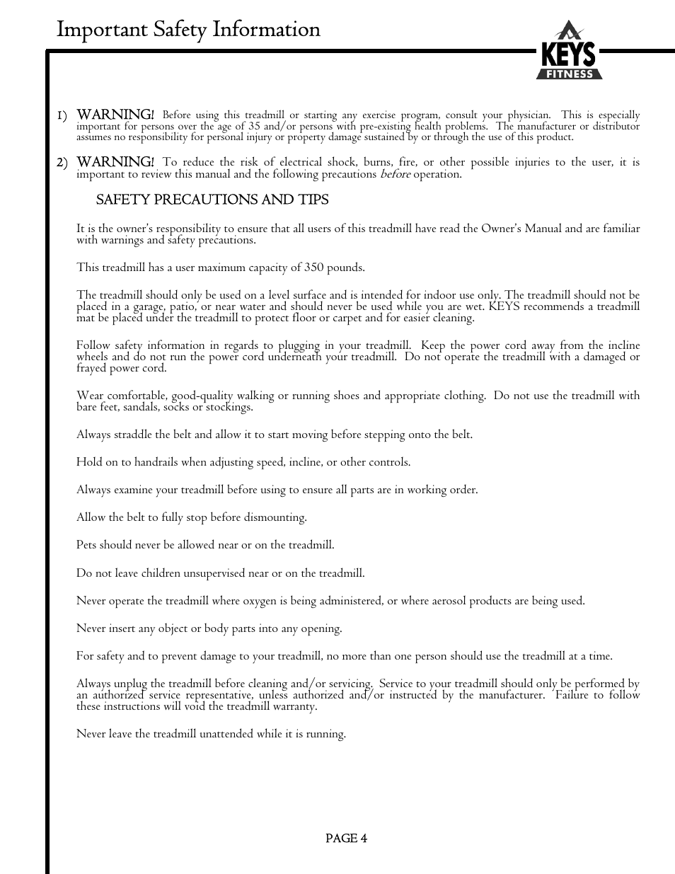 Important safety information | Keys Fitness Milestone 6200HR User Manual | Page 4 / 20