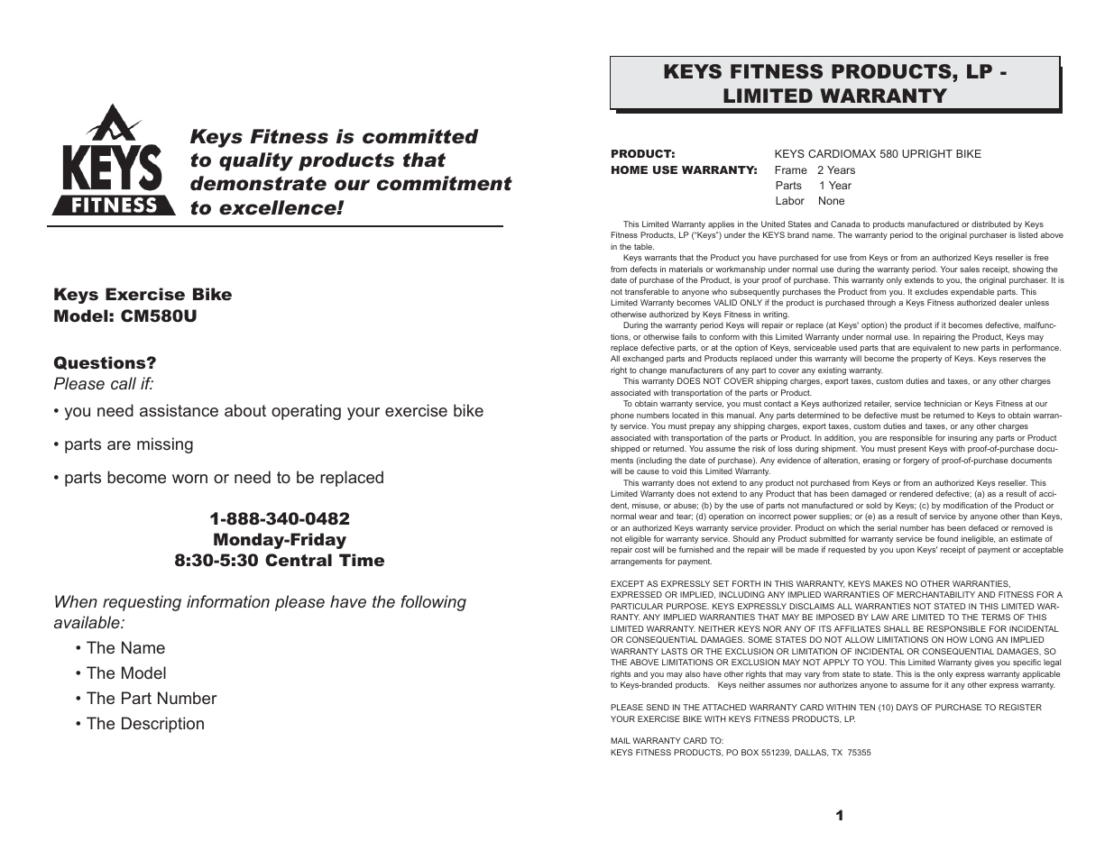 Keys fitness products, lp - limited warranty | Keys Fitness CM580U User Manual | Page 2 / 8