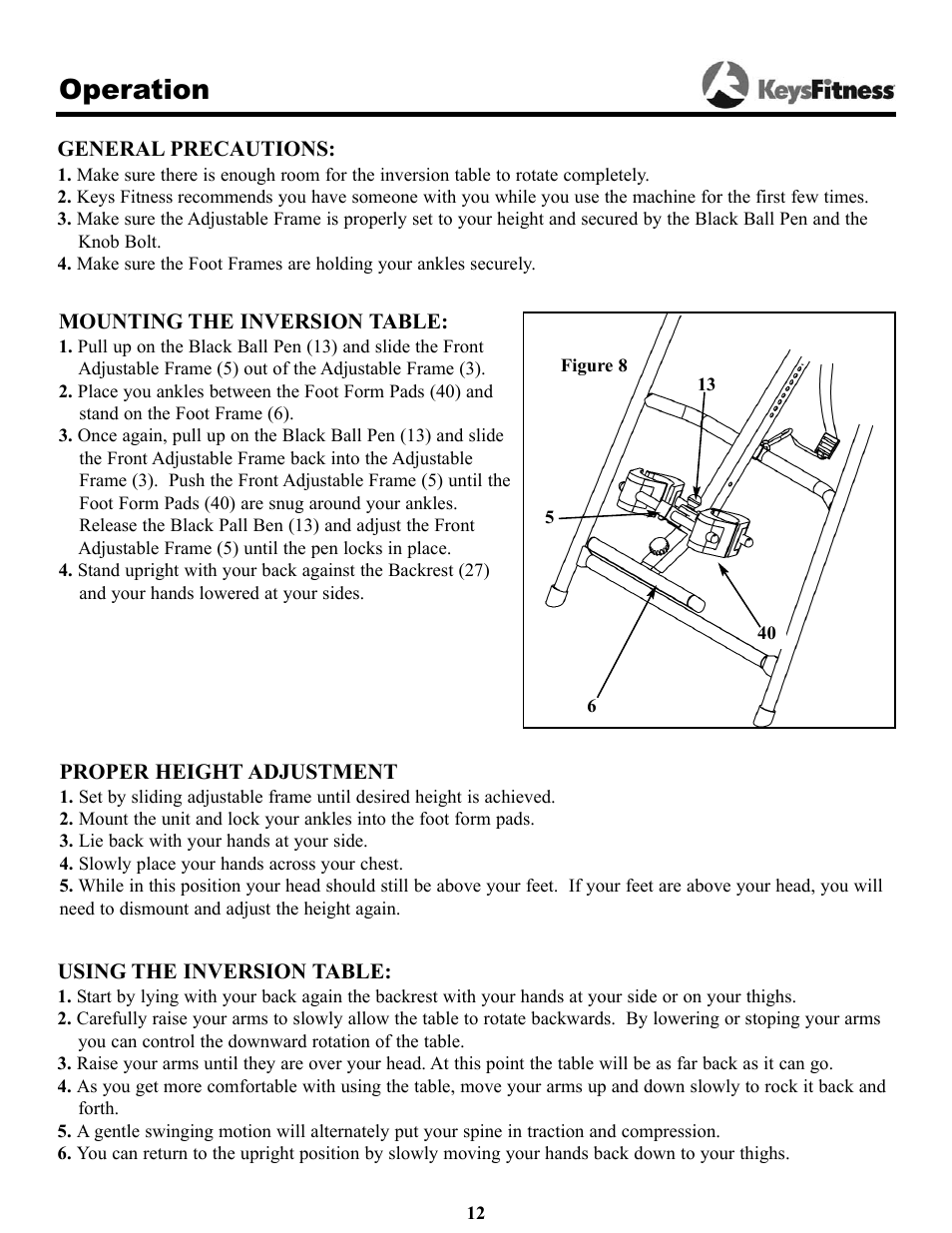 Operation | Keys Fitness Inversion Table IT-2 User Manual | Page 12 / 16