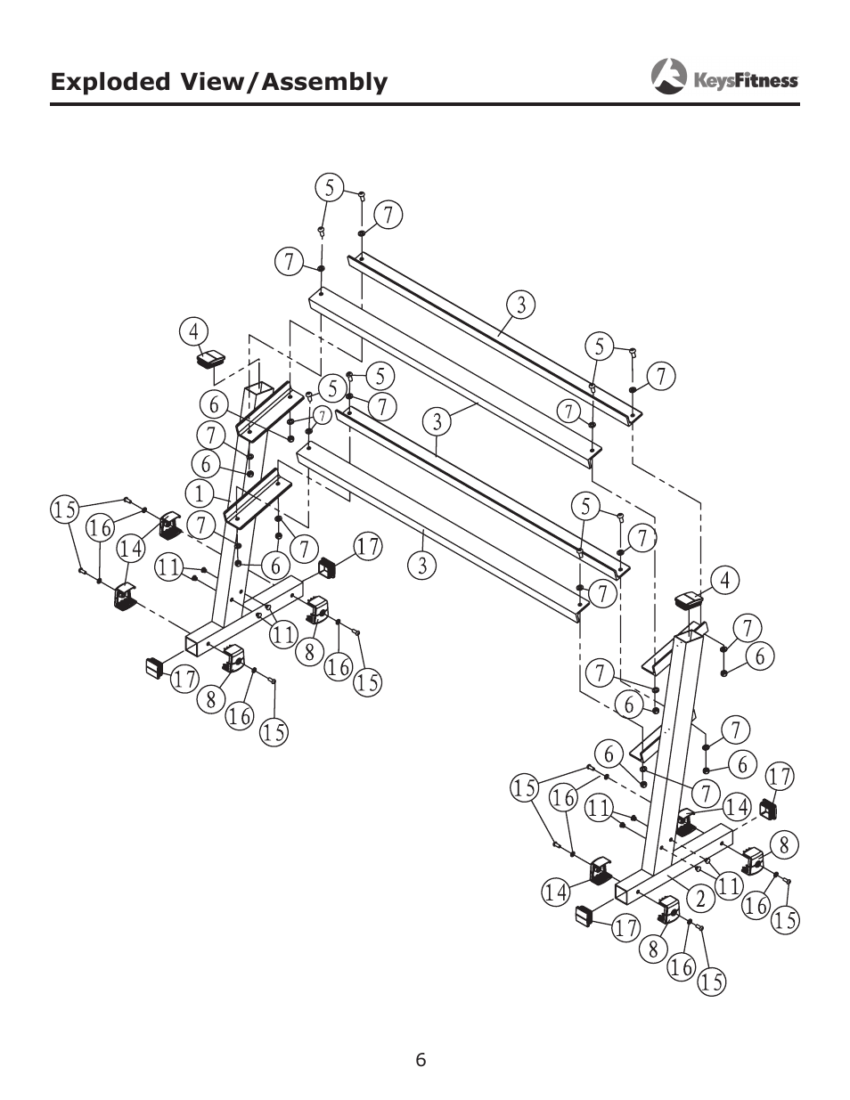 Exploded view/assembly | Keys Fitness Dumbbell Rack 4ft KF-DB4 User Manual | Page 6 / 9