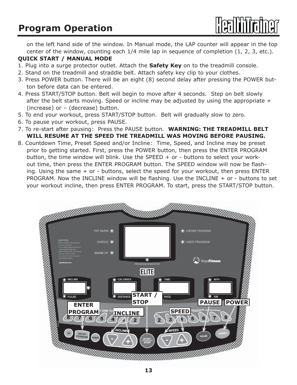 Program operation | Keys Fitness HT-ELITE User Manual | Page 13 / 29