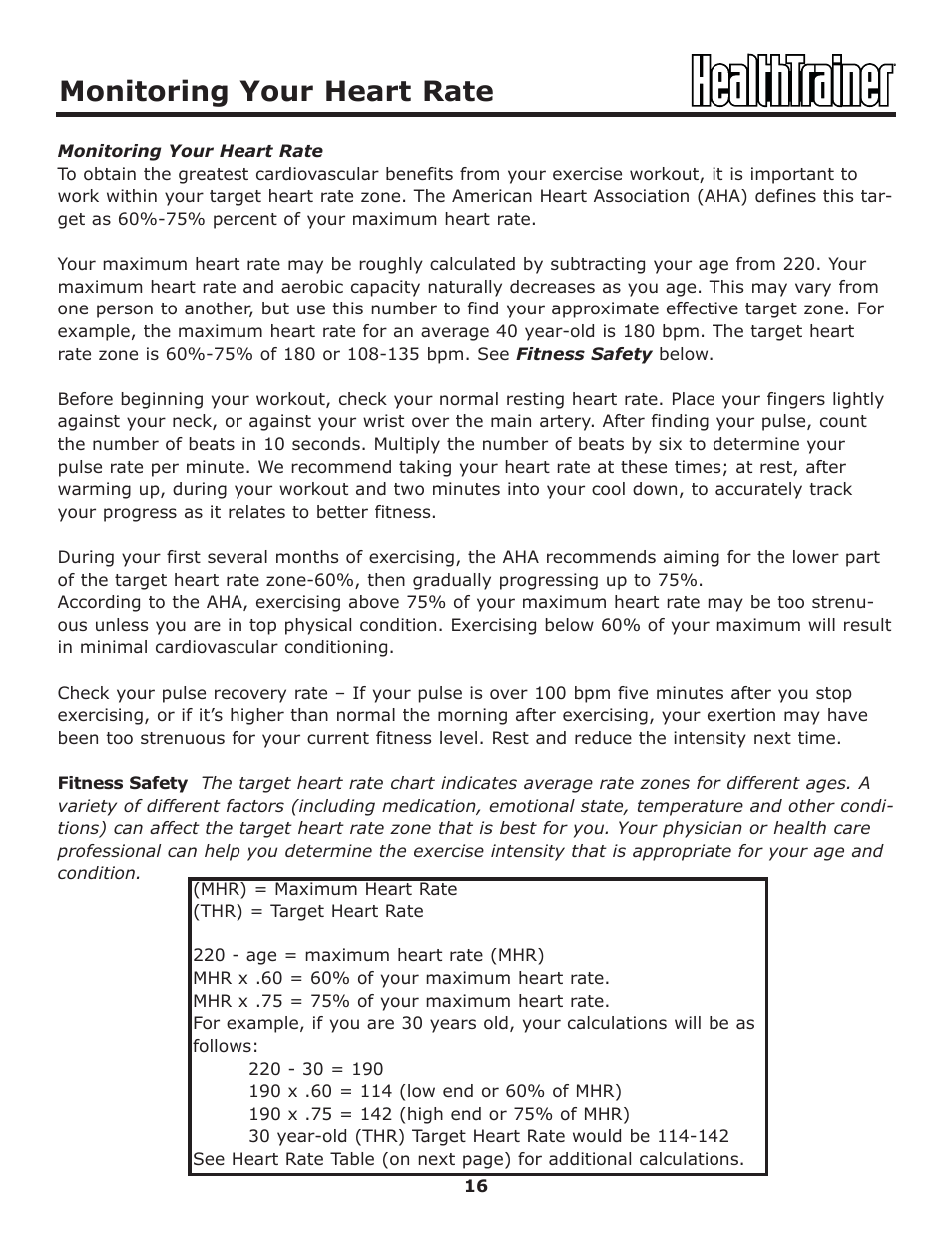 Monitoring your heart rate | Keys Fitness HT-ELITE User Manual | Page 16 / 29