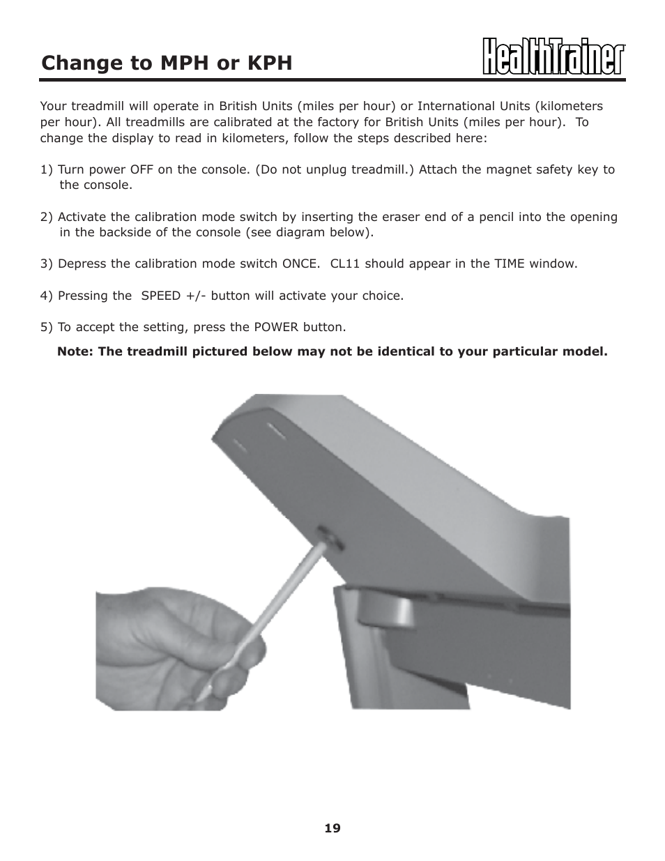Change to mph or kph | Keys Fitness HT-ELITE User Manual | Page 19 / 29