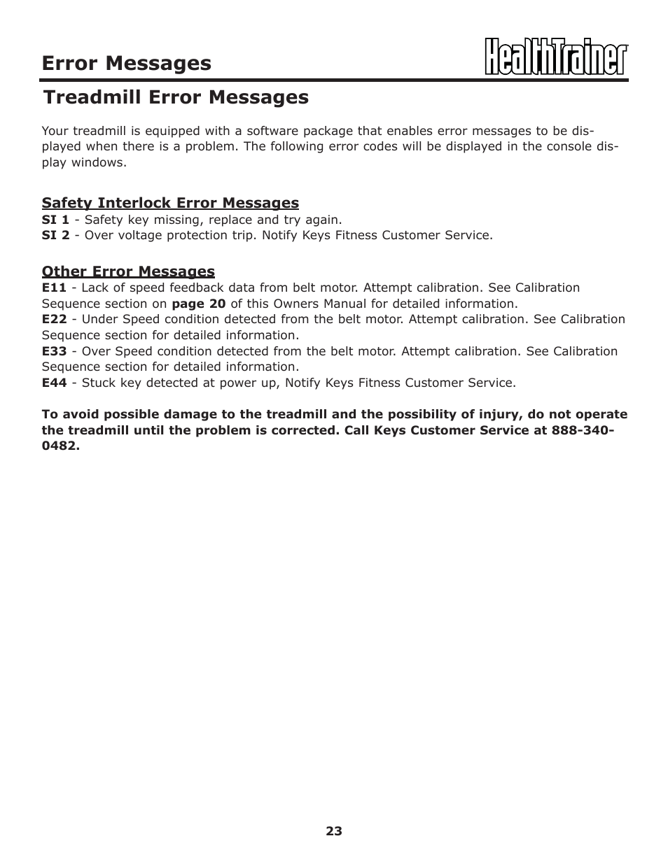 Error messages, Treadmill error messages | Keys Fitness HT-ELITE User Manual | Page 23 / 29