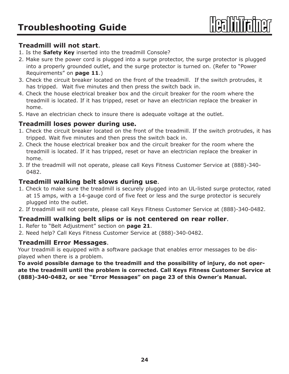 Troubleshooting guide | Keys Fitness HT-ELITE User Manual | Page 24 / 29