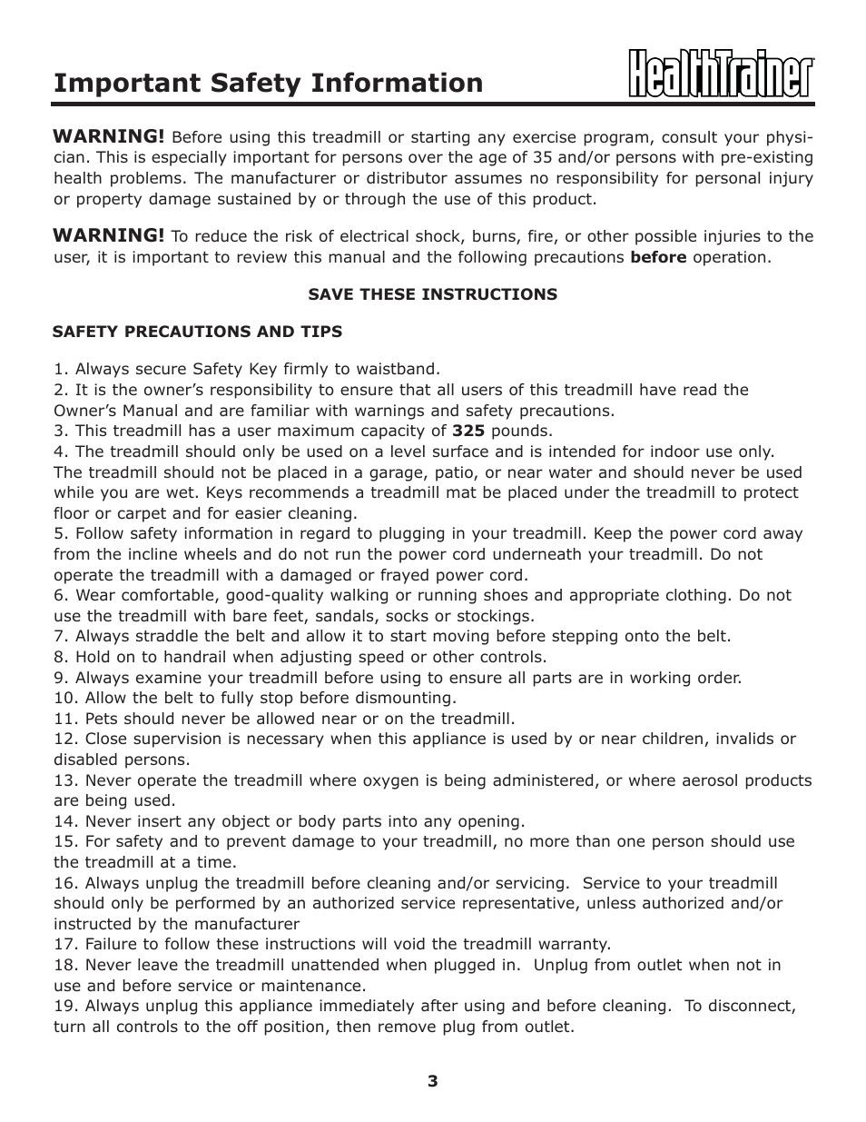 Important safety information | Keys Fitness HT-ELITE User Manual | Page 3 / 29