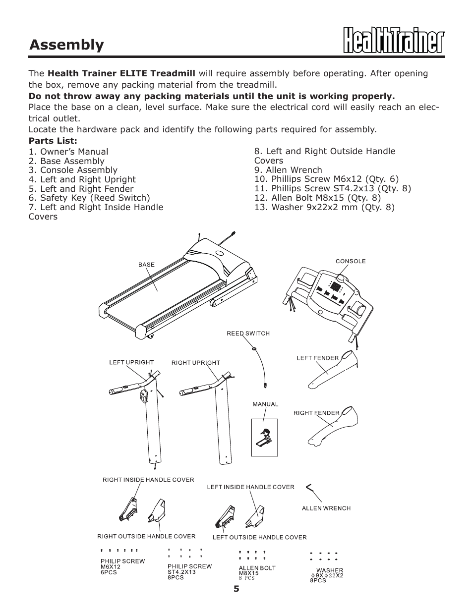 Assembly | Keys Fitness HT-ELITE User Manual | Page 5 / 29