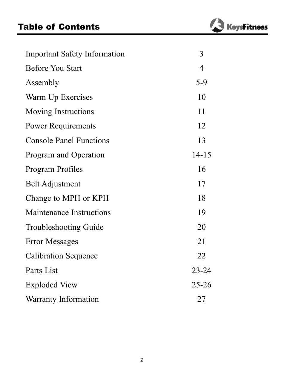 Keys Fitness Triumph 7.3t User Manual | Page 2 / 28