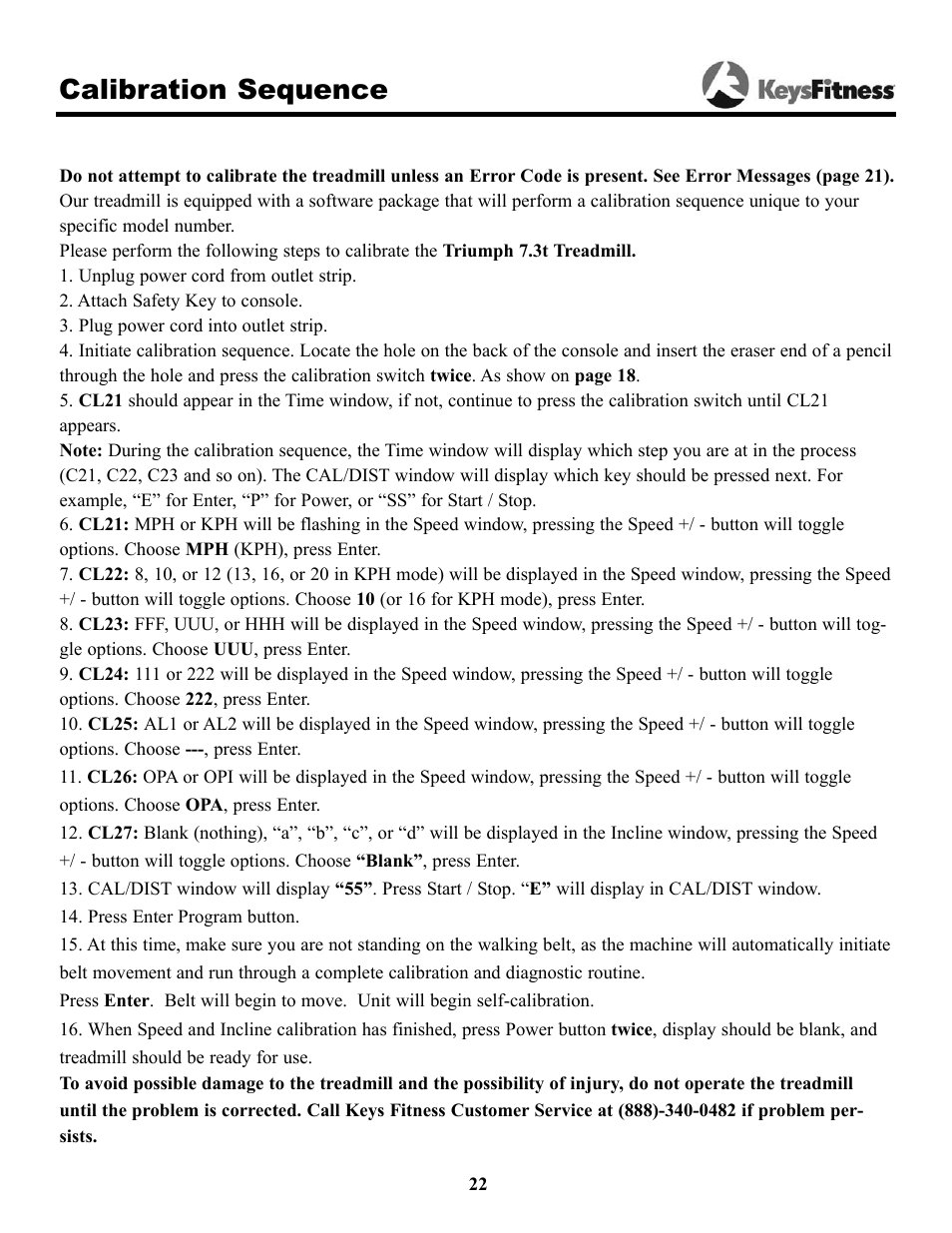 Calibration sequence | Keys Fitness Triumph 7.3t User Manual | Page 22 / 28