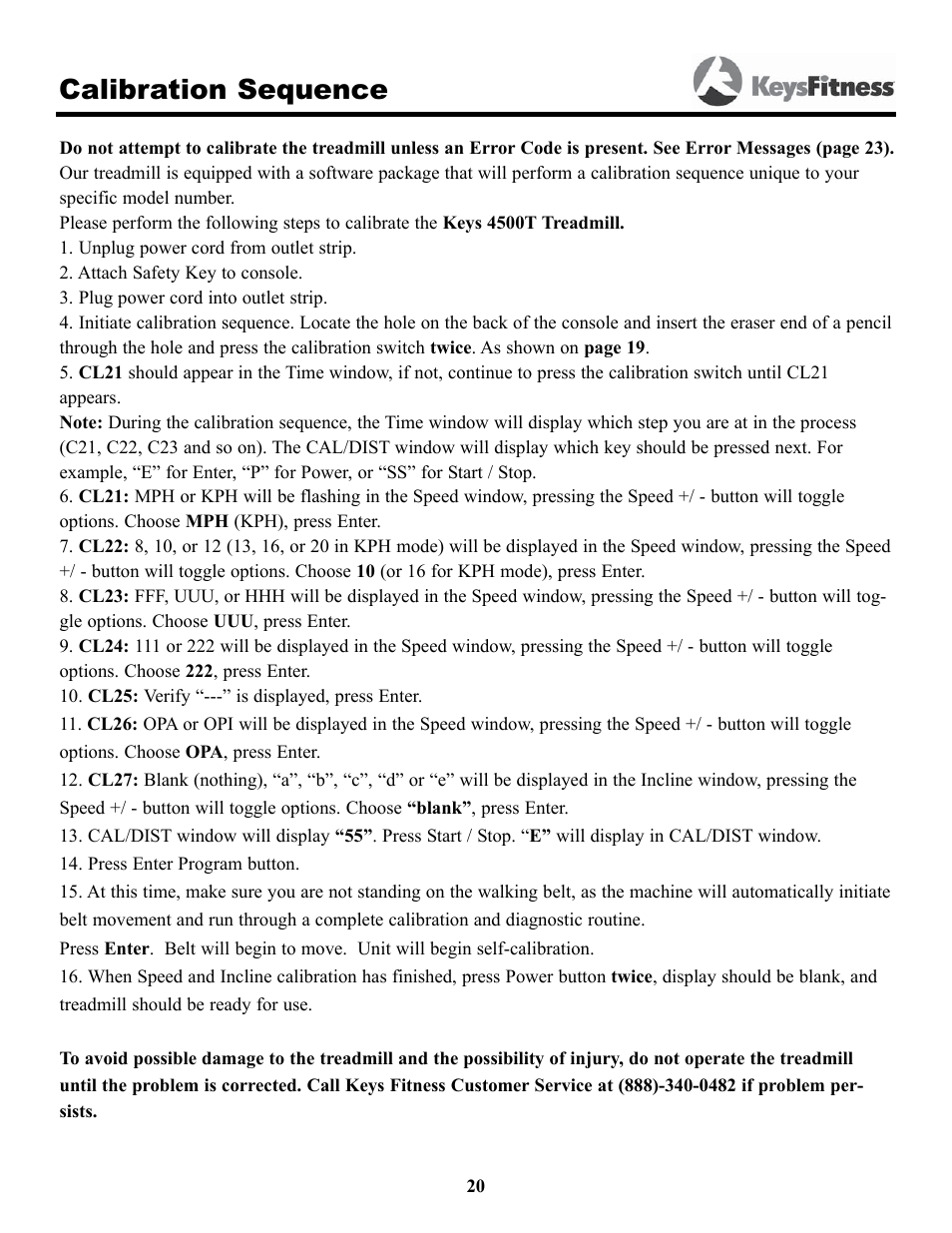 Calibration sequence | Keys Fitness 4500T User Manual | Page 20 / 32
