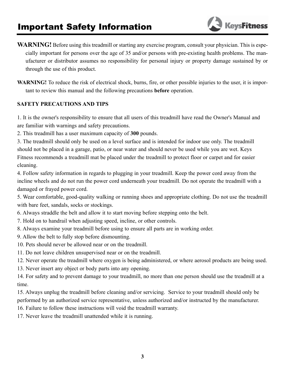 Important safety information | Keys Fitness 4500T User Manual | Page 3 / 32