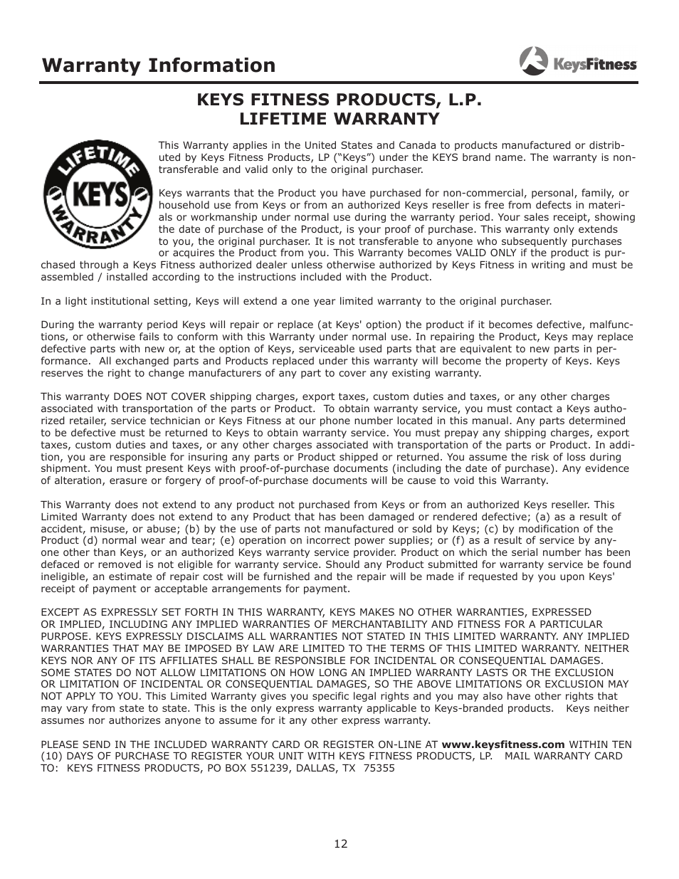 Warranty information, Keys fitness products, l.p. lifetime warranty | Keys Fitness KF-ABM User Manual | Page 12 / 13