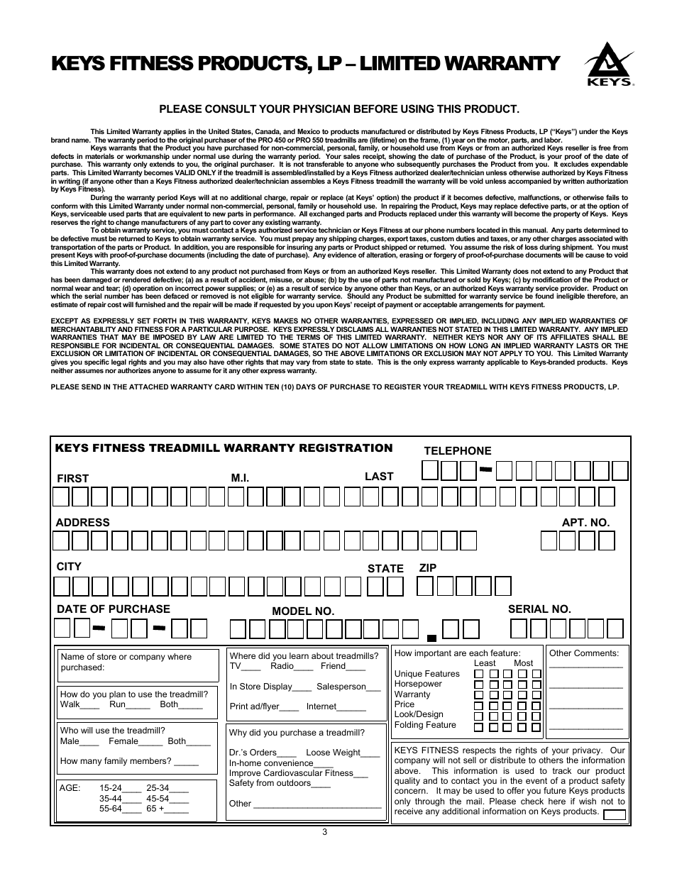 Keys fitness products, lp – limited warranty | Keys Fitness PRO 550 User Manual | Page 3 / 17