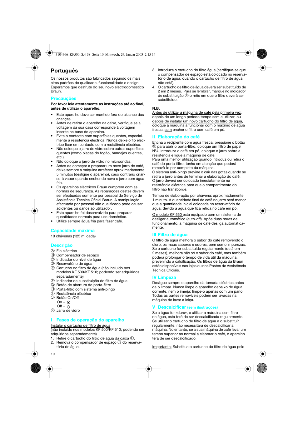 Português | Braun KF 550 User Manual | Page 10 / 36