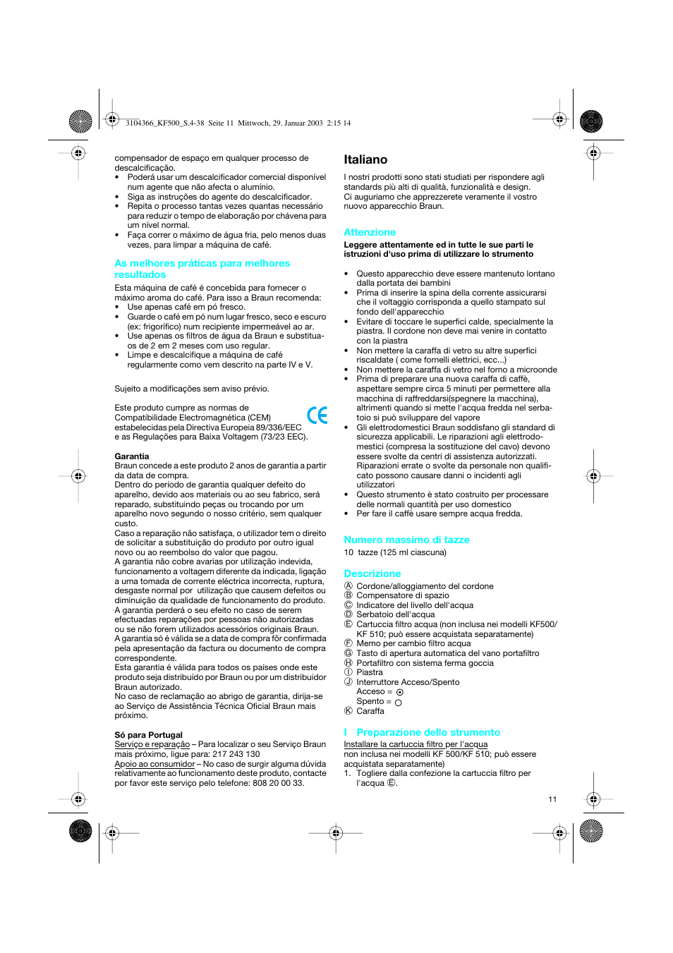 Italiano | Braun KF 550 User Manual | Page 11 / 36