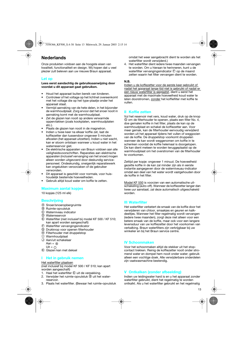 Nederlands | Braun KF 550 User Manual | Page 13 / 36