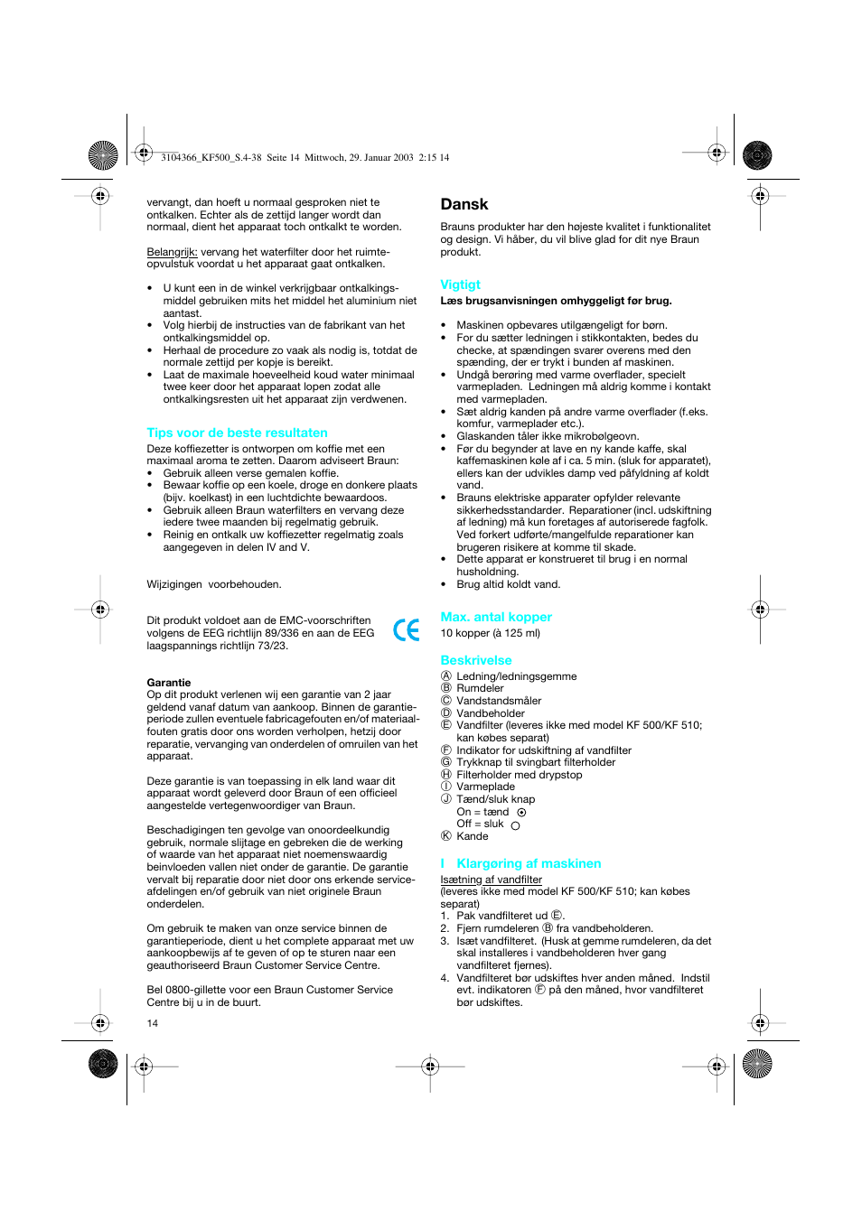 Dansk | Braun KF 550 User Manual | Page 14 / 36