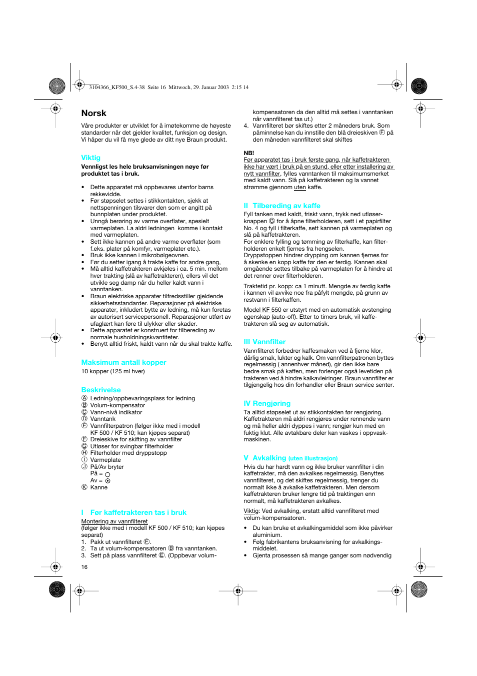 Norsk | Braun KF 550 User Manual | Page 16 / 36