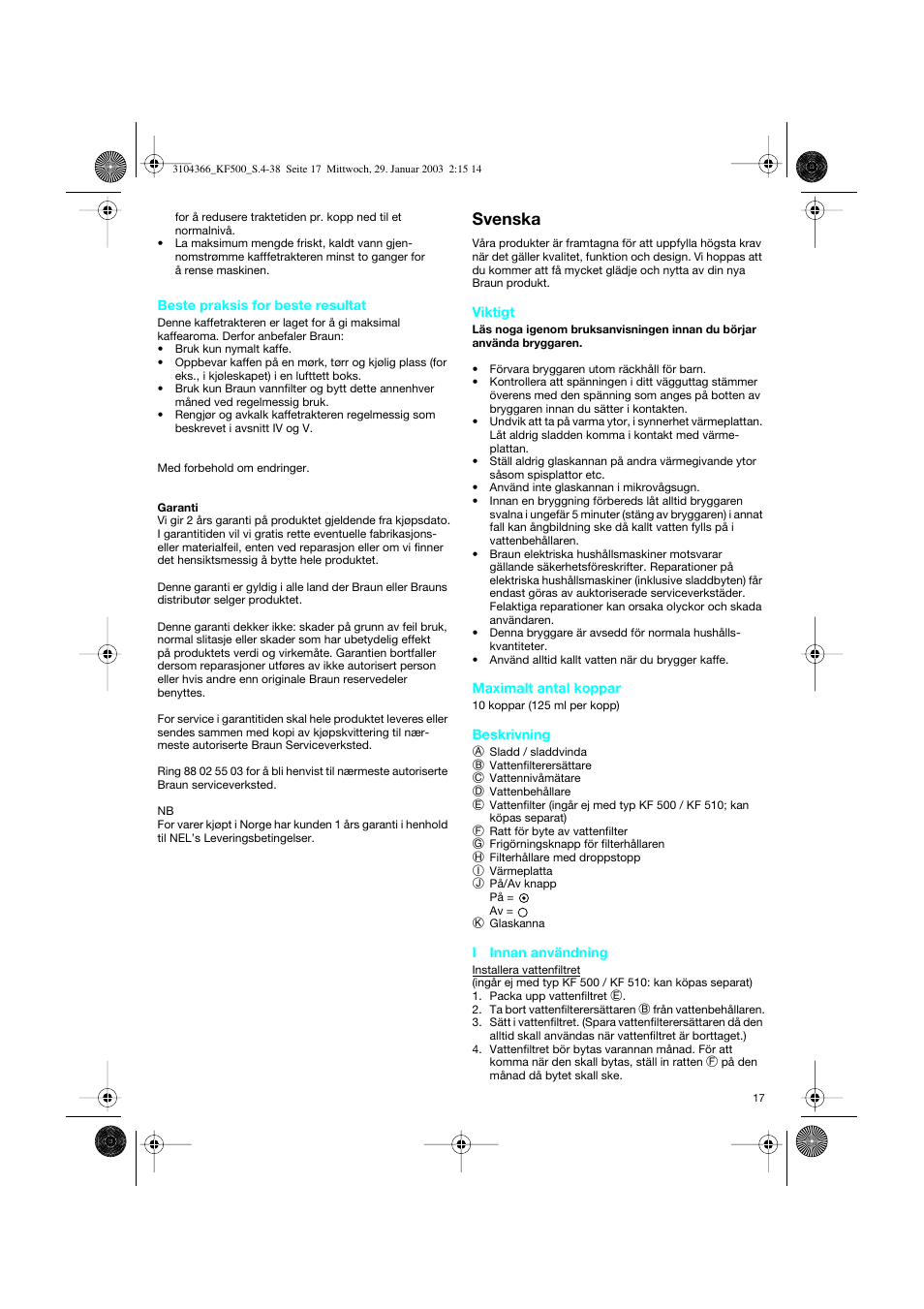 Svenska | Braun KF 550 User Manual | Page 17 / 36