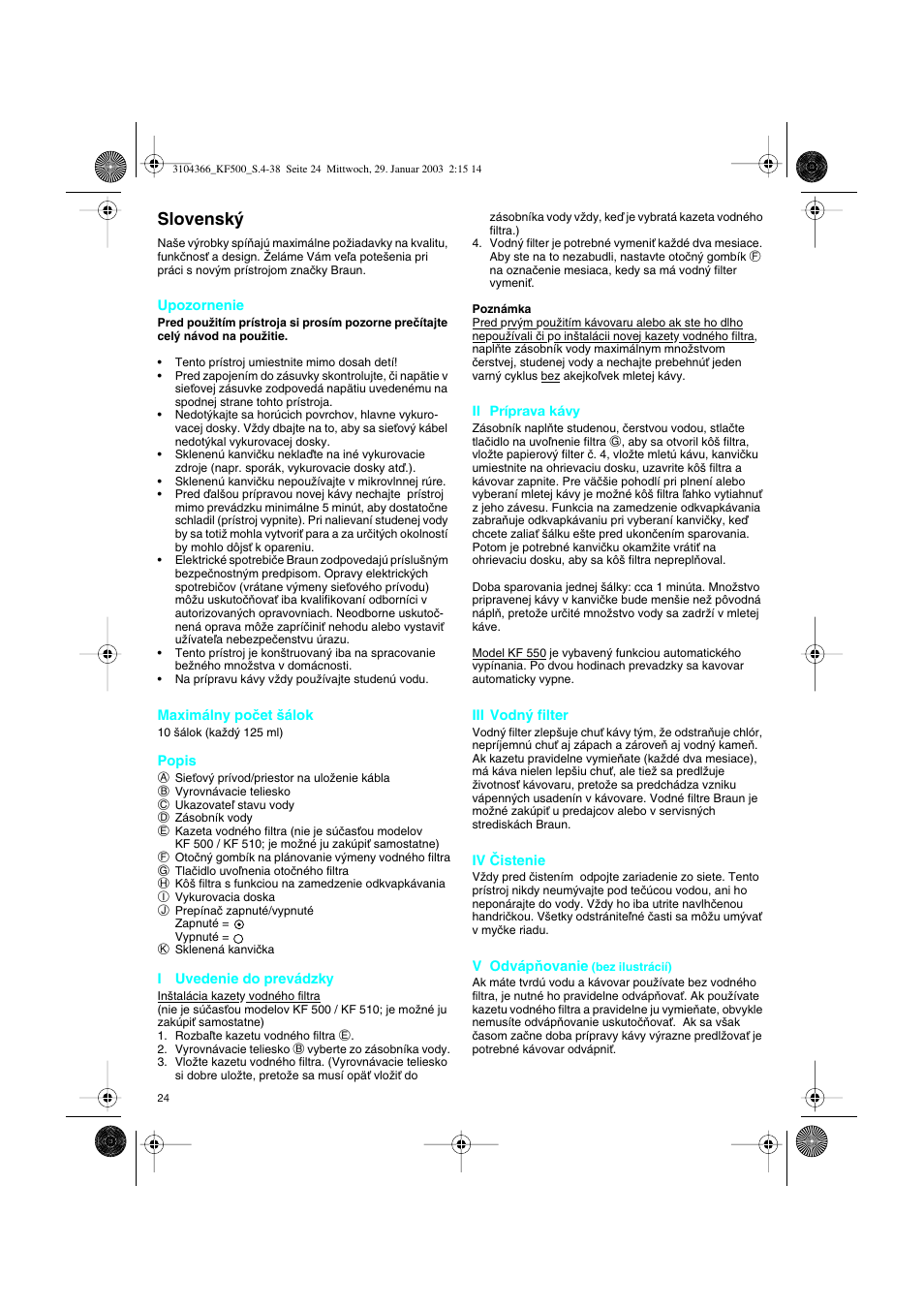 Slovensky, Slovensk | Braun KF 550 User Manual | Page 24 / 36