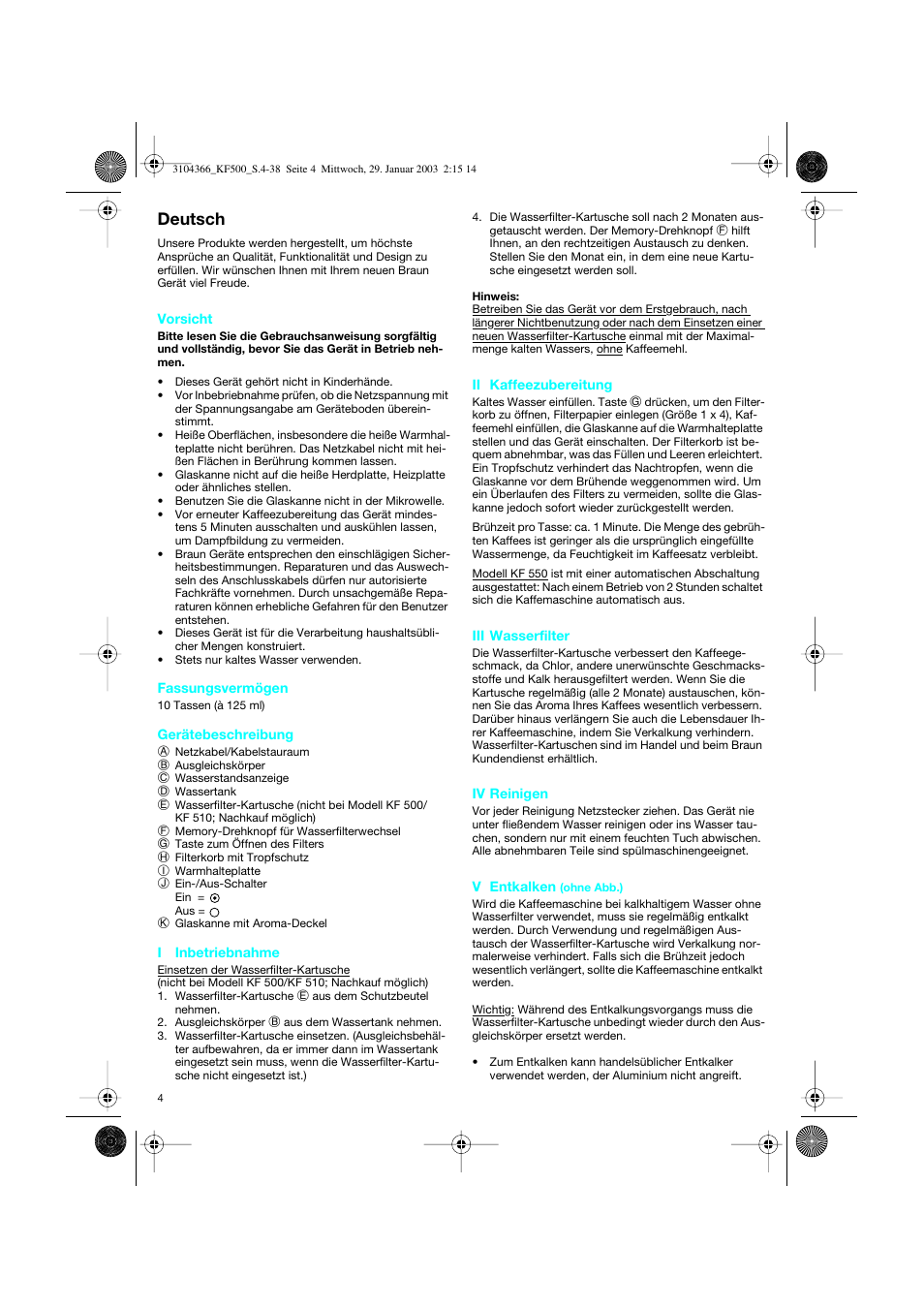 Deutsch | Braun KF 550 User Manual | Page 4 / 36