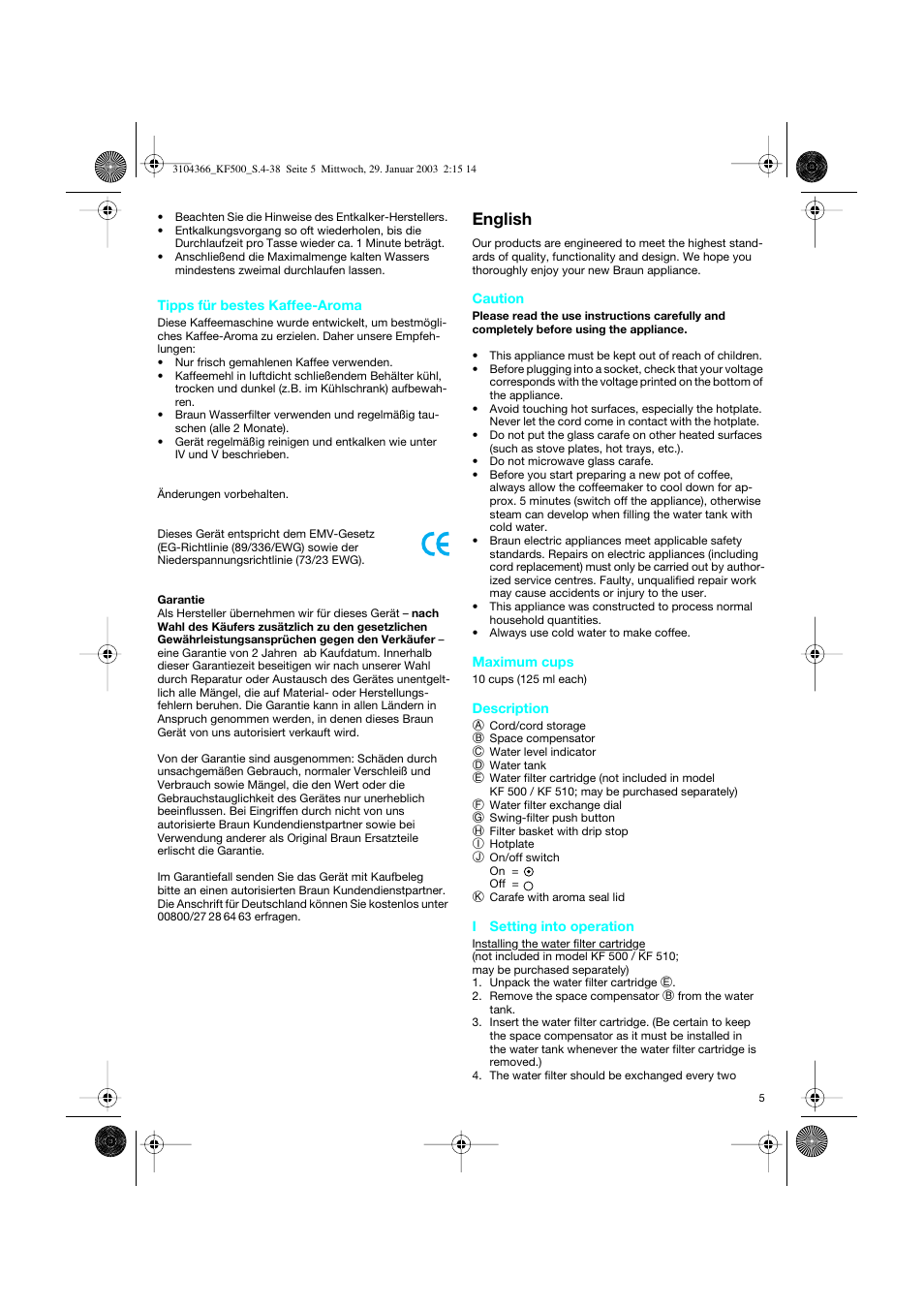 English | Braun KF 550 User Manual | Page 5 / 36