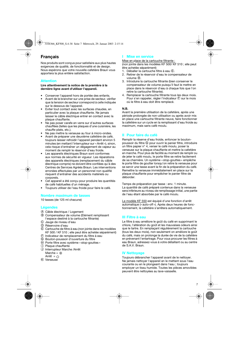 Français | Braun KF 550 User Manual | Page 7 / 36