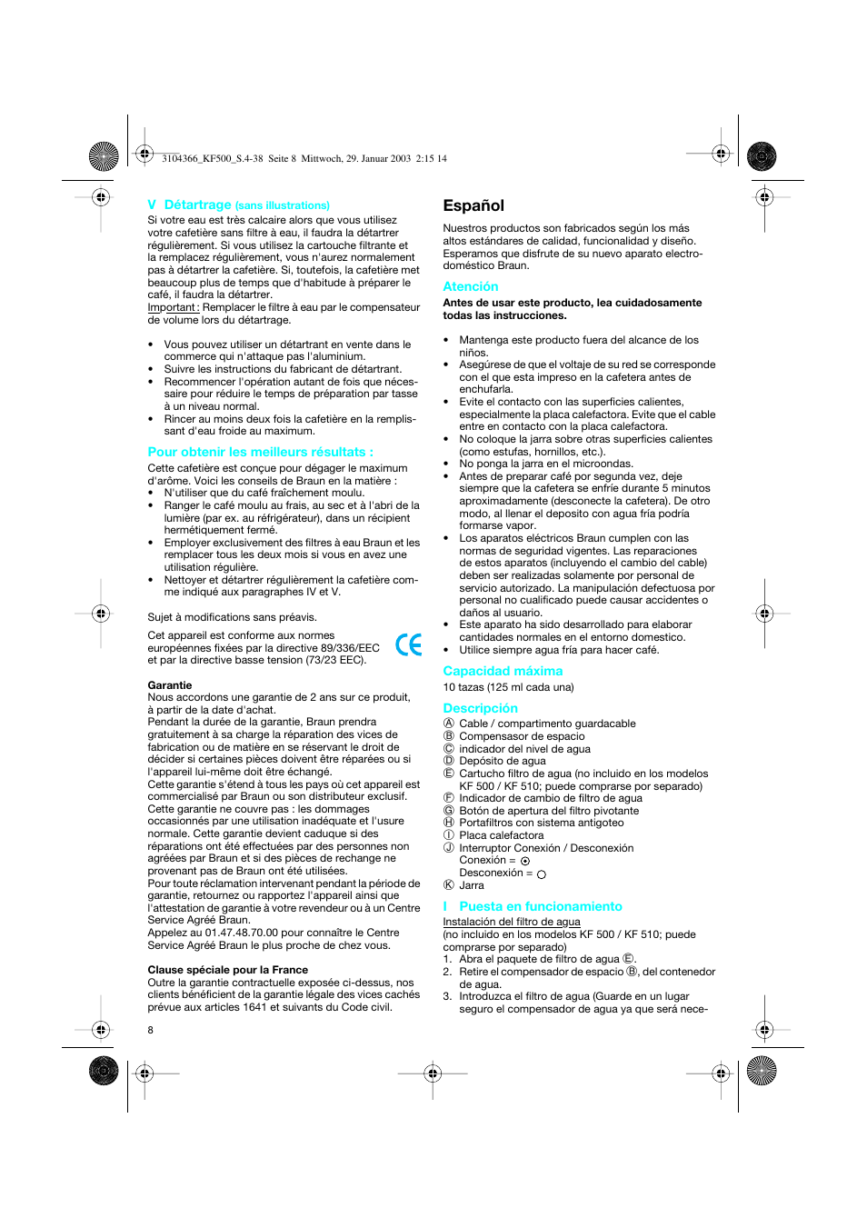 Español | Braun KF 550 User Manual | Page 8 / 36