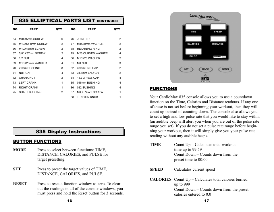 835 display instructions, 835 elliptical parts list | Keys Fitness ET835D User Manual | Page 10 / 12