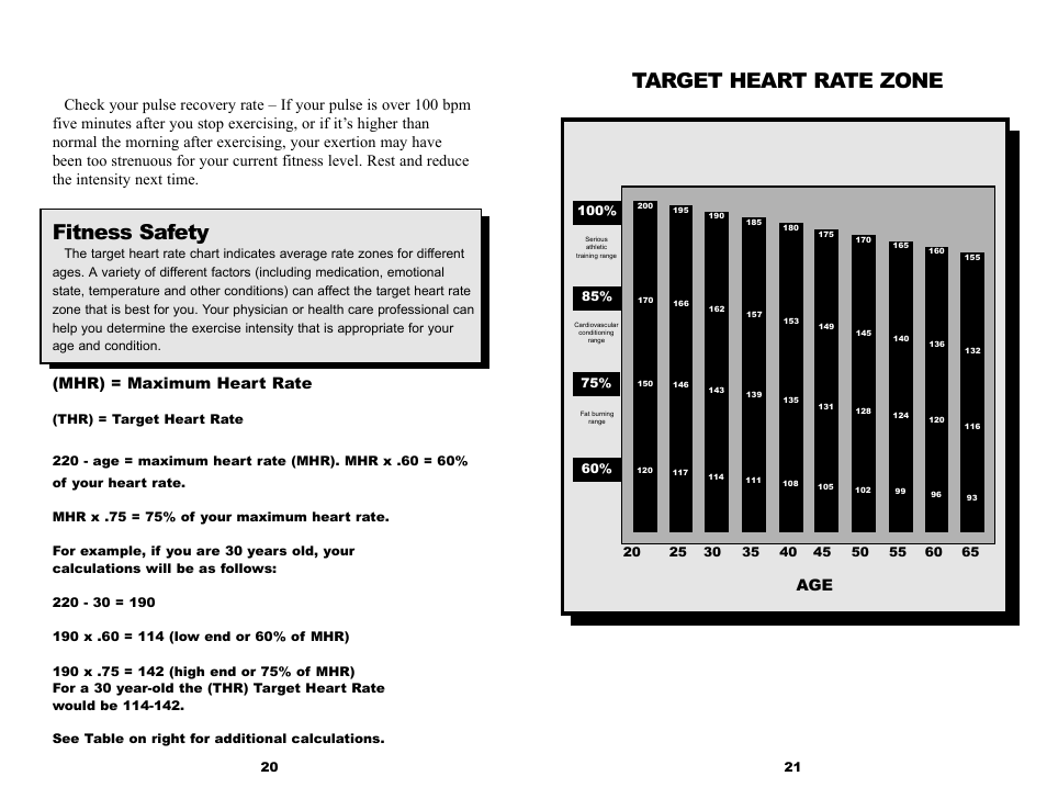 Fitness safety, Target heart rate zone, Mhr) = maximum heart rate | Keys Fitness ET835D User Manual | Page 12 / 12