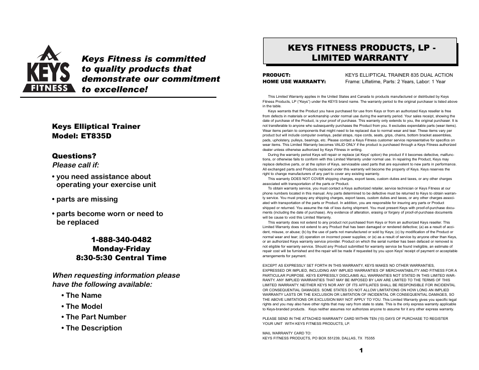 Keys fitness products, lp - limited warranty | Keys Fitness ET835D User Manual | Page 2 / 12