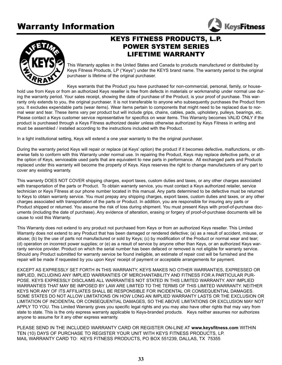 Warranty information | Keys Fitness Power System 1850 User Manual | Page 33 / 34