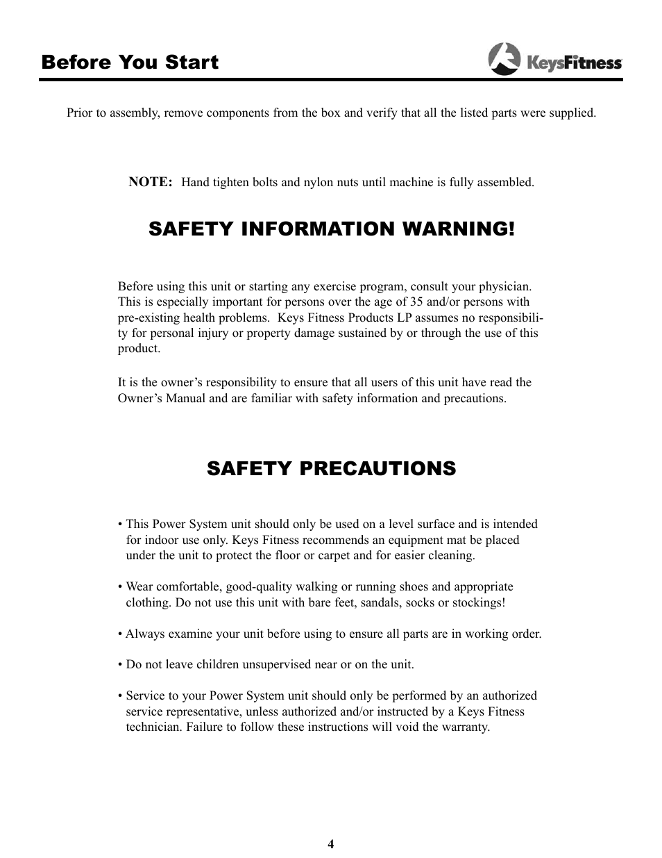 Before you start, Safety information warning, Safety precautions | Keys Fitness Power System 1850 User Manual | Page 4 / 34