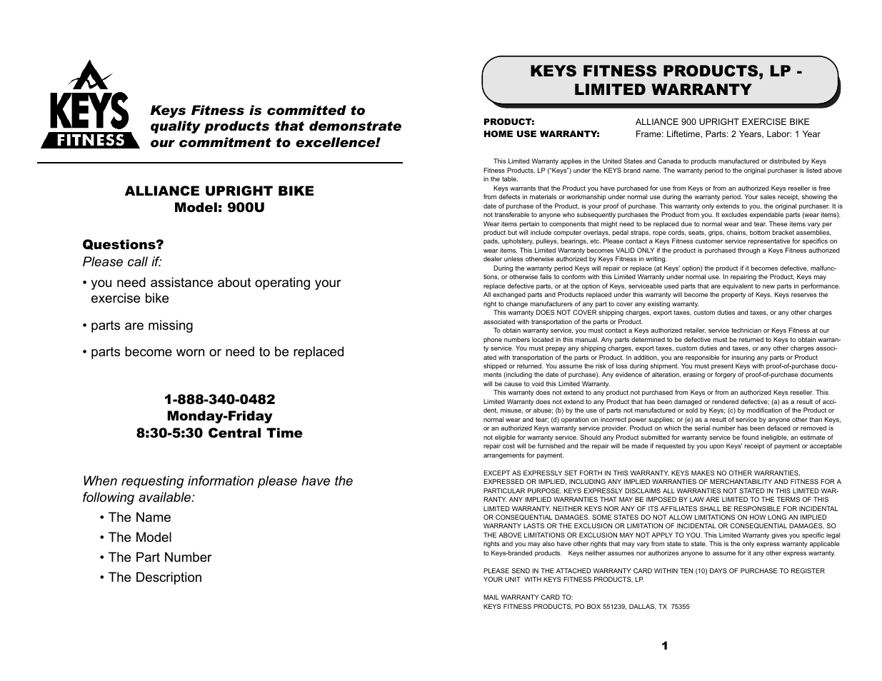 Keys fitness products, lp - limited warranty | Keys Fitness Alliance 900U User Manual | Page 2 / 10