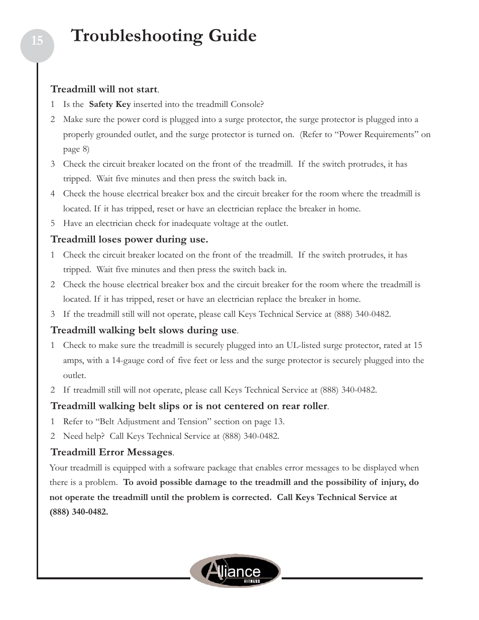 Troubleshooting guide | Keys Fitness Alliance 920-OB User Manual | Page 15 / 17