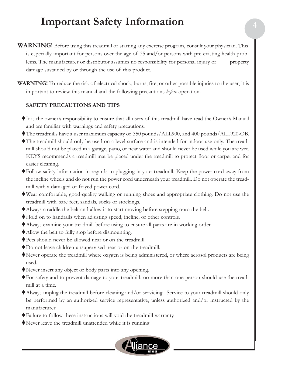 Important safety information | Keys Fitness Alliance 920-OB User Manual | Page 4 / 17
