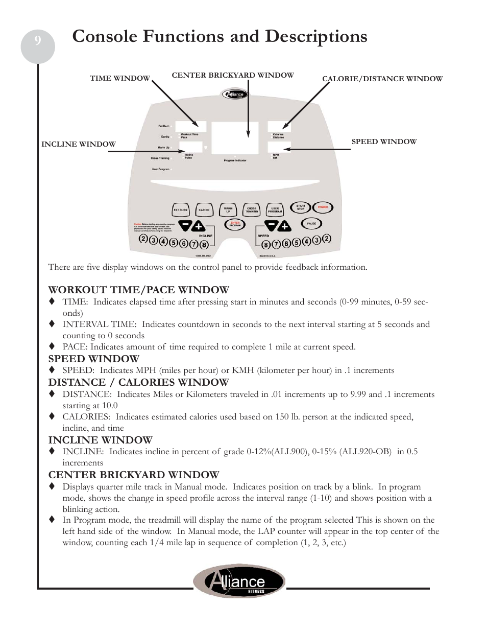 Console functions and descriptions | Keys Fitness Alliance 920-OB User Manual | Page 9 / 17