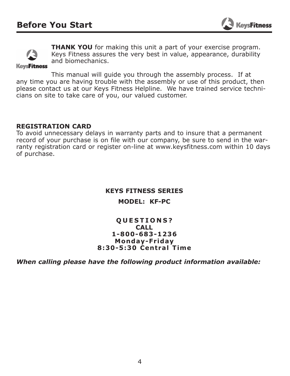 Before you start | Keys Fitness KF-PC User Manual | Page 4 / 12