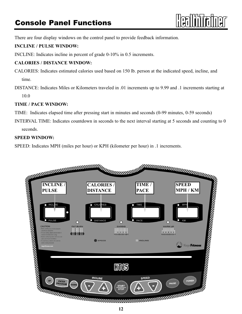 Console panel functions | Keys Fitness HT65T.1-CE User Manual | Page 12 / 30