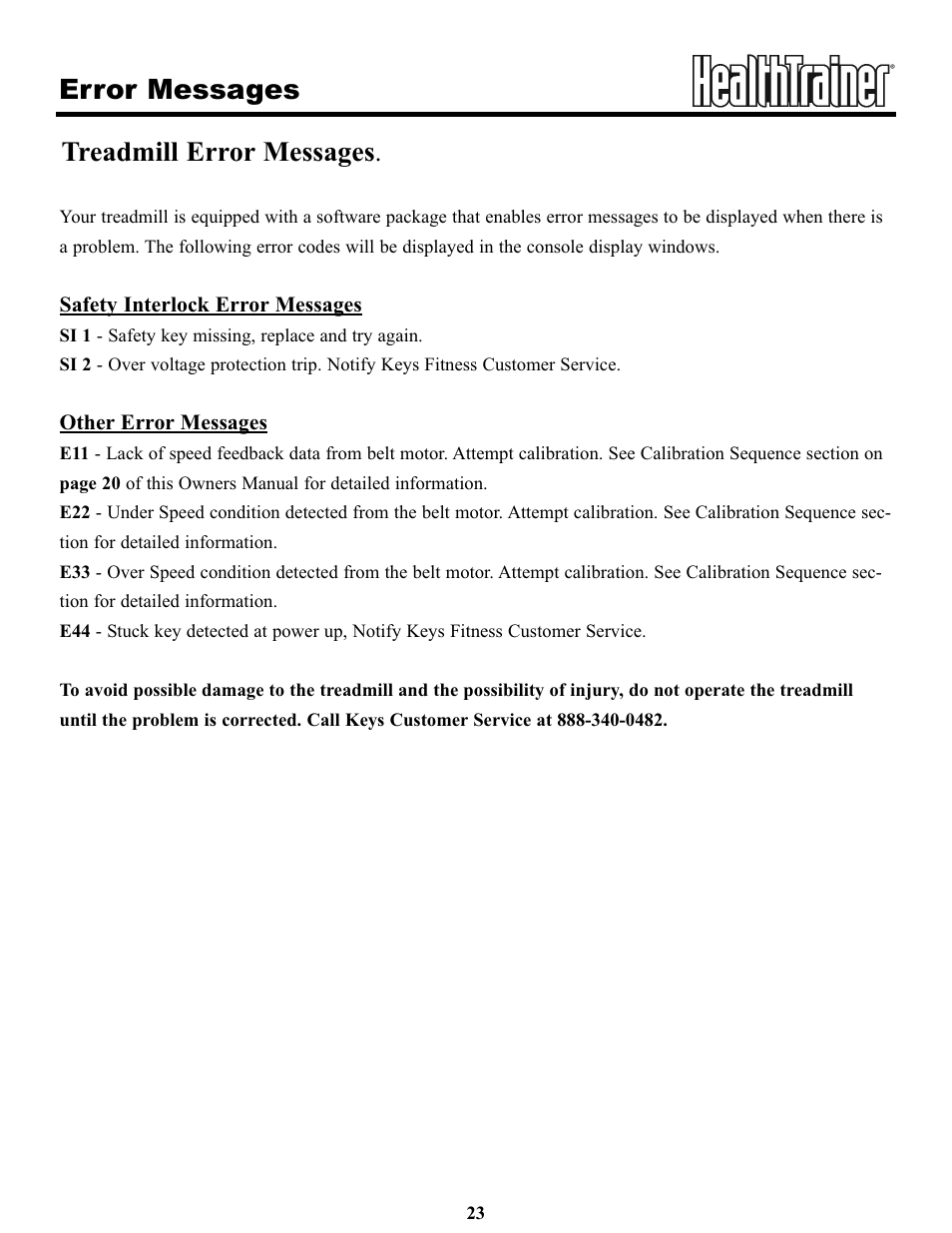 Error messages, Treadmill error messages | Keys Fitness HT65T.1-CE User Manual | Page 23 / 30