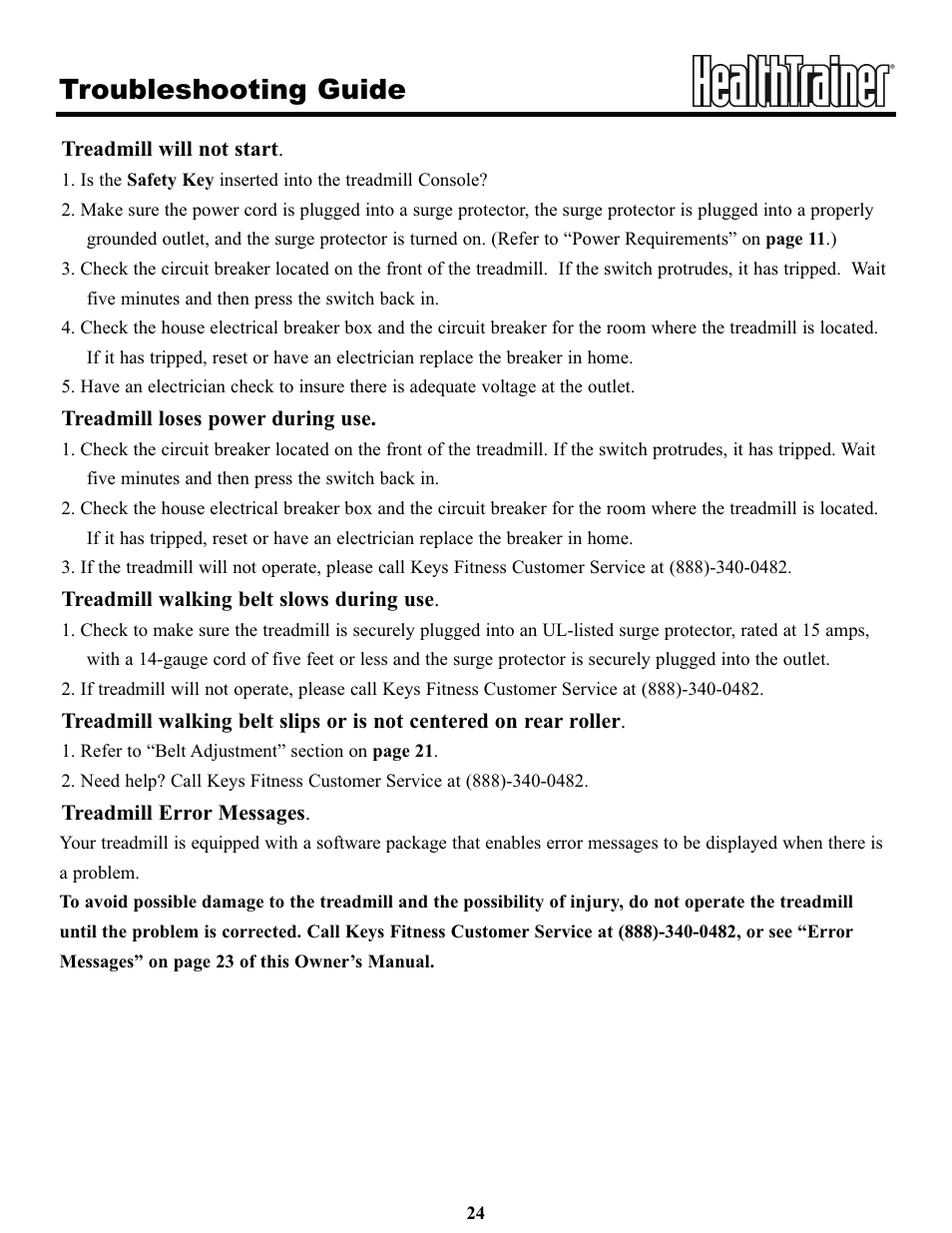 Troubleshooting guide | Keys Fitness HT65T.1-CE User Manual | Page 24 / 30