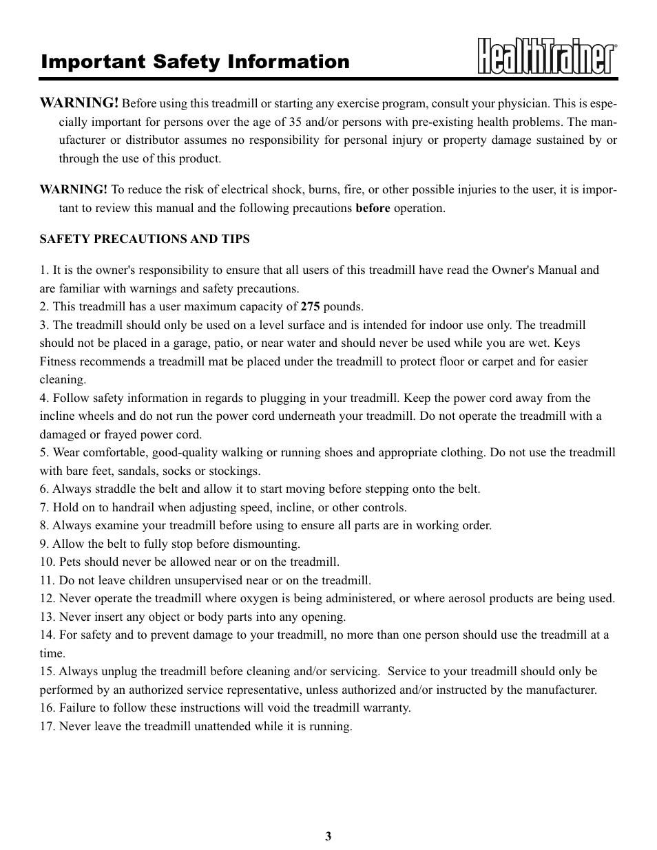 Important safety information | Keys Fitness HT65T.1-CE User Manual | Page 3 / 30