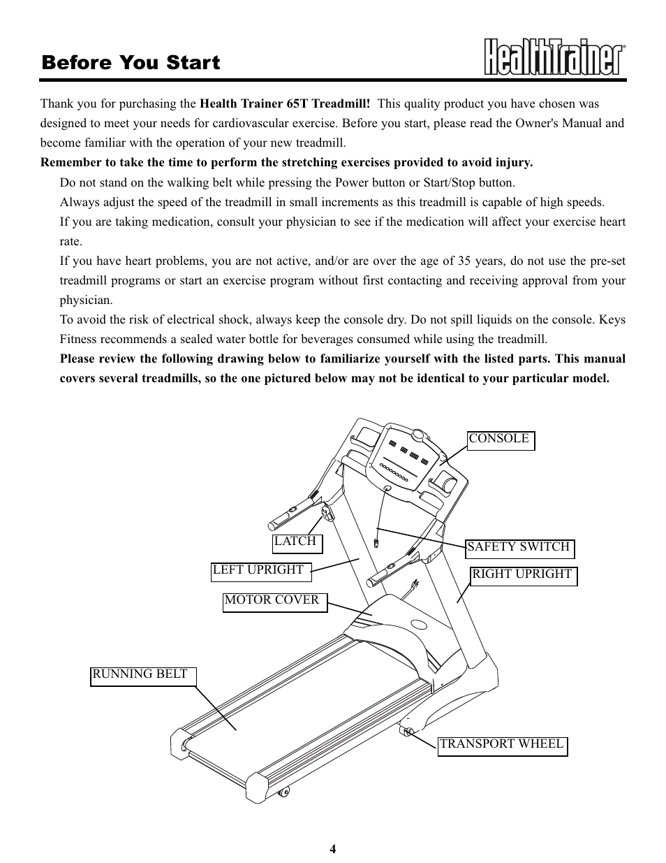 Before you start | Keys Fitness HT65T.1-CE User Manual | Page 4 / 30