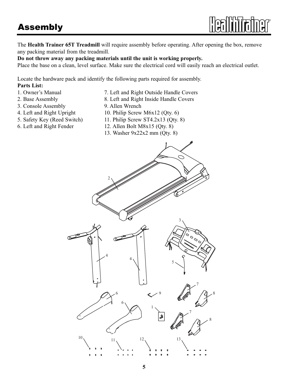 Assembly | Keys Fitness HT65T.1-CE User Manual | Page 5 / 30